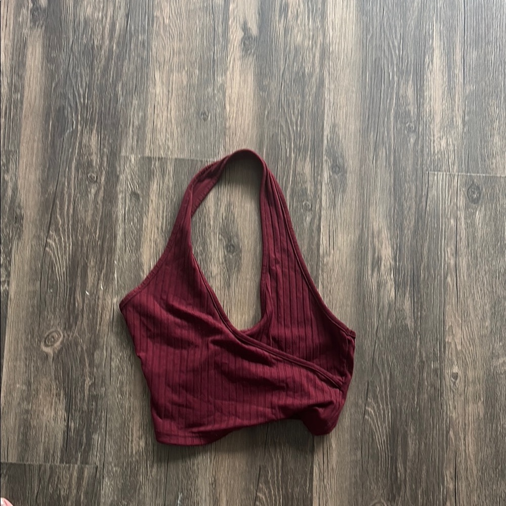 SHEIN Wine Red Ribbed Halter Top